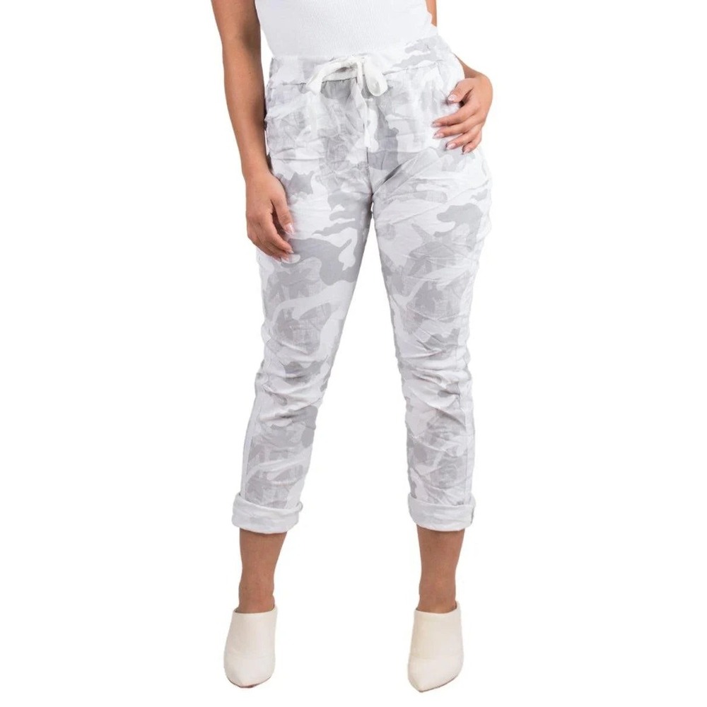 Gigi Moda Italy One Size Gray Camo Pants Rhinestone Stripe Stretch Joggers